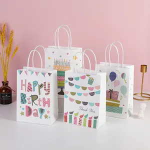 Fijne Verjaardag Cadeau Zakjes Kraft Papieren Zakken Met Handvat Cartoon Ballon Cake Geprint Patroon Handtas Snoepzak Voor Baby Shower