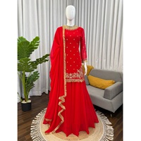 Baju Sharara Siap Pakai Buatan India Bahan Faux Georgette Pakaian Etnik Wanita Elastis Anti Kusut Bolak-Balik Cepat Kering