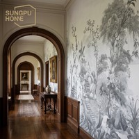 Papier peint de luxe Chinoiserie personnalisé pour pavillon de jardin, motif rocheux floral et arbre, pour salon, villa, hôtel, décoration intérieure