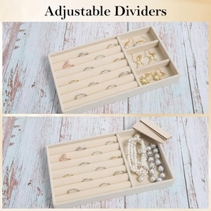 Plateau de rangement et de présentation de bijoux en velours beige personnalisé pour bagues, boucles d'oreilles, clous d'oreilles, colliers, bracelets et bandeaux - Product Image 4