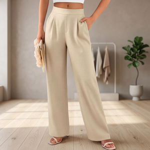 Pantalon large femme taille haute fluide palazzo respirant plissé devant décontracté été avec poches kaki - Product Image 3