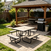 Table de pique-nique compacte 4 places en lattes de bois, structure carrée en acier galvanisé, idéale pour jardin privé et terrasse