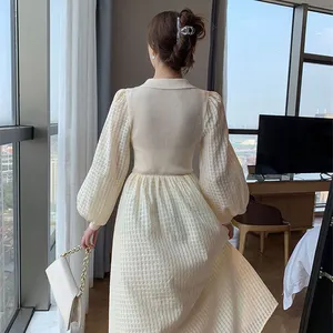 Summer Knitted Sexy Slimming Hip Dress Waist Slimming Solid Color Dress V-neck Long-sleeved Knitted Dress For Women