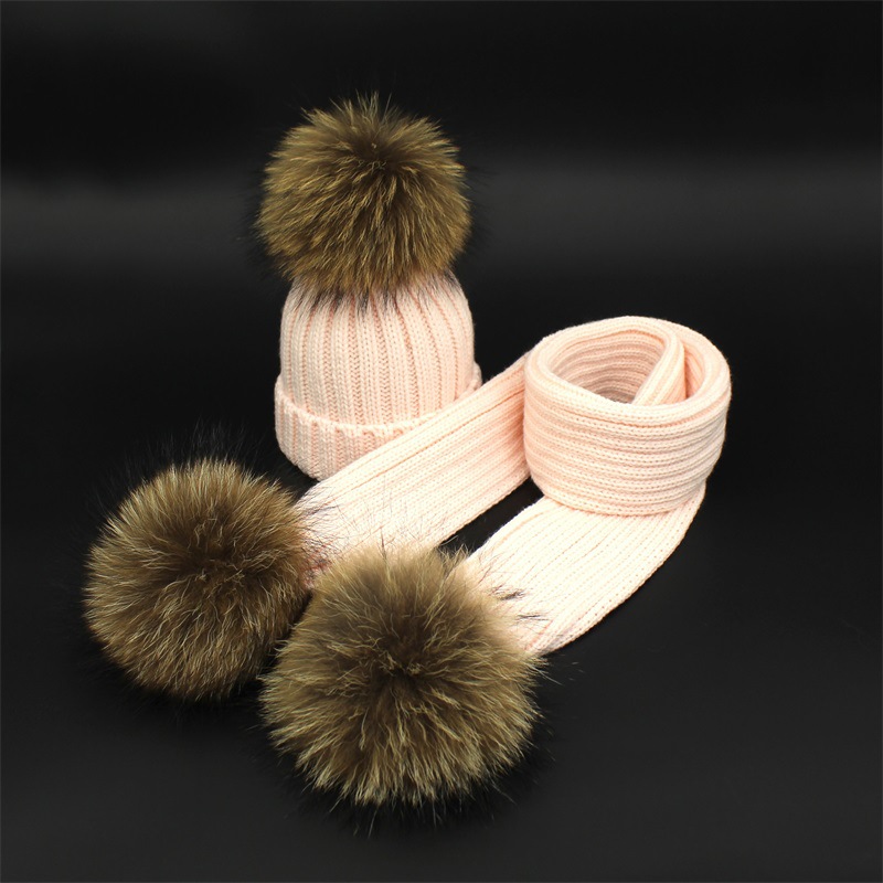 Детская Вязаная Шапка-бини и шарф с пушистыми меховыми помпонами для мальчиков и девочек