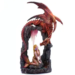 Customized red dragon with beautiful mermaid first class design in bulk trinket dragon statue colorful unique resin figurine