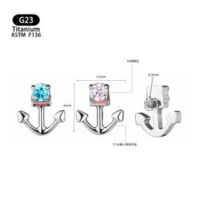 Clous d'oreille en titane en forme d'ancrage, incrustation de zircon 5A, alliage F136, filetage interne pour piercing du cartilage de l'oreille - Product Image 1