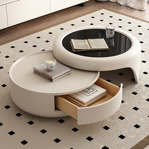 Mesa de Centro de Diseño en Crema, Mesa de Centro Redonda de Madera Maciza, Juego de Muebles para Sala de Estar, Mesa de Centro de Vidrio Templado - Product Image 2