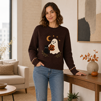 Pull court en maille à col rond pour femme, thème Halloween, avec appliques fantôme, chat noir, citrouille et lune, personnalisation du logo OEM disponible
