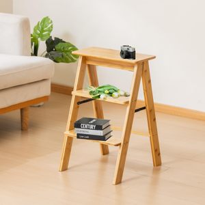 Folding Ladder Stool Wooden 3-Tier Shelf <b>Foldable</b> Storage <b>Step</b> Stool For Home Office Living Room - Product Image 1