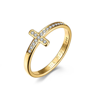 Anillo de Cruz de Diamantes, Acero Dorado, Corte Brillante Redondo, Joyería de Compromiso Unisex, Grabado con Fe, Esperanza y Amor - Product Image 1
