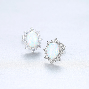 Luxury Classic 925 <b>Silver</b> Opal <b>Stud</b> <b>Earrings</b> With Round Brilliant Cut Diamonds Flower Shape Women's Everyday Wear Jewelry - Product Image 6
