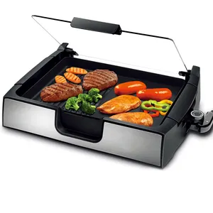 Indoor Smokeless Grill-Electric Grill with Tempered Glass Lid Removable 2-in-1 Nonstick Grill Plate