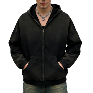 Sweat à capuche zippé vintage en molleton bouclette 370 g/m² pour homme, coupe oversize, avec logo imprimé, délavage acide, streetwear personnalisé à bas prix - Product Image 1