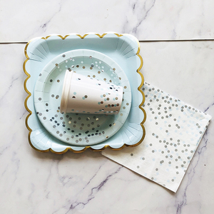Lot de vaisselle <span class=keywords><strong>jetable</strong></span> nouveau Style, ensemble d'assiettes en papier <span class=keywords><strong>bleu</strong></span>, serviettes, tasses à points argentés pour décorations de fête d'anniversaire et de mariage 44 pièces - Product Image 3