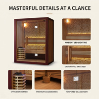 Cabine de sauna décorative PLOUTARA avec éclairage LED rétroéclairé, porte en verre trempé et cadre en bois profond pour les intérieurs modernes