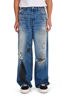Jean en denim déchiré et vieilli, coupe large et décontractée, à jambe évasée, longueur pleine, uni, pour usage quotidien