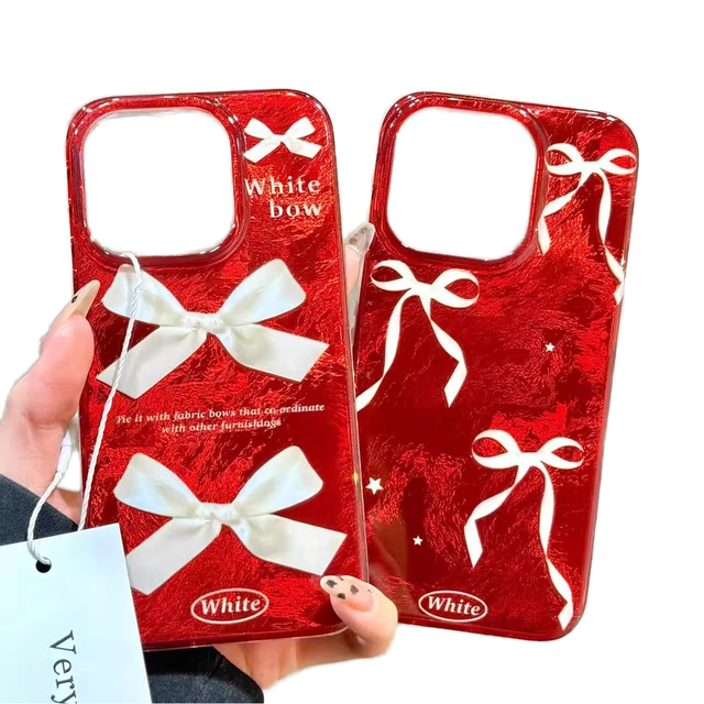 Retro Ruby Color Laser Phone Case for iPhone 15 11 12 13 14 16 Pro Max XS X XR 16E 7 8 Plus Bow Print Cover with Vintage Texture