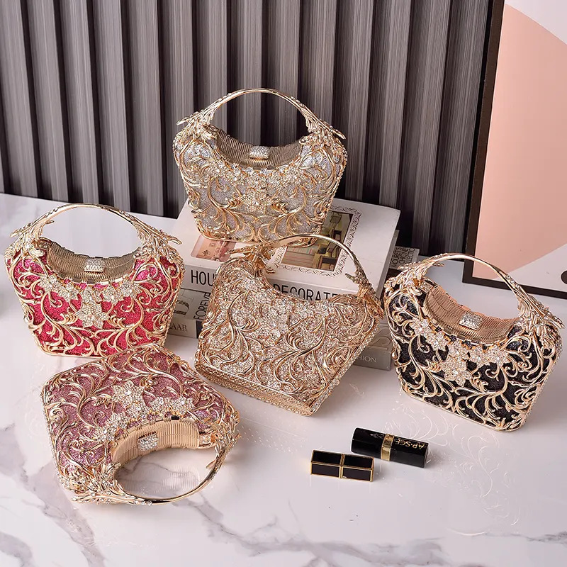 Bolsas de noite femininas de metal com diamantes e flores luxuosas e brilhantes da moda vintage