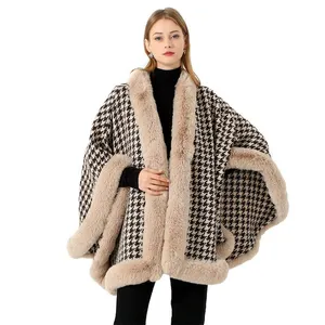 Jtfur Women Winter Elegant Fur Shawl Houndstooth Big Warm Faux Rex Rabbit Fur Poncho Coat Shawl