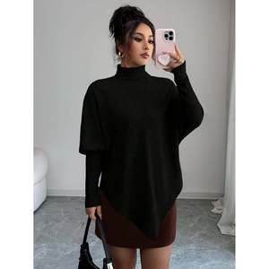 Pull poncho côtelé asymétrique d'hiver pour femme, col roulé, manches chauve-souris oversize, tricoté, manches longues, coupe ample, noir tendance - Product Image 6