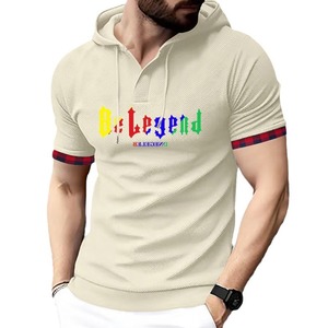 OEM ODM en stock Logo imprimé décontracté à capuche pour hommes, T-shirt sportif à manches courtes pour hommes, haut gaufré urbain à la mode - Product Image 1
