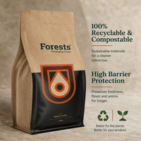 Sachet de café personnalisé biodégradable imprimé en héliogravure - Fond plat, recyclable, doublure en aluminium, valve, pour grains de café, aliments et aliments pour animaux