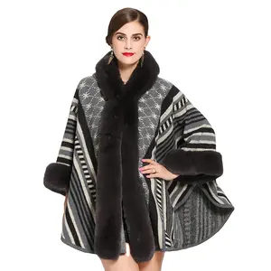 Poncho con capucha a rayas para mujer, abrigo de piel sintética, Poncho para invierno y otoño, novedad