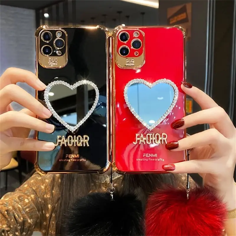 Luxury Plating Love Heart Mirror Hairball Silicone Phone Case For Iphone 13 12 11 Pro Max 7 Plus X XR Fashion Glitter Soft Cover