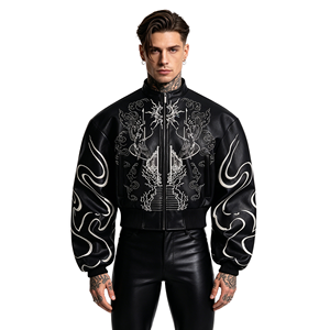 Veste en cuir PU pour homme, style motard, col montant, broderie au dos, coupe courte, design tendance, vêtement décontracté pour la conduite, hiver - Product Image 1