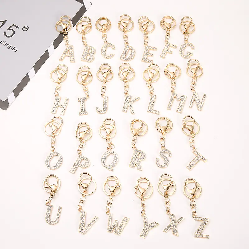 Creative 26 English letter key chain, hot sale alloy diamond gold letter pendant factory wholesale