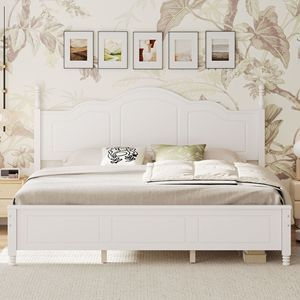 Cama doble de madera maciza, cama con plataforma blanca, cabecero curvo y patas cilíndricas, muebles duraderos para adultos y niños - Product Image 1