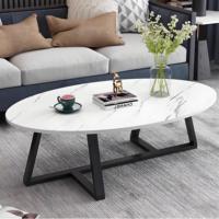 Table basse elliptique en bois de luxe avec plateau à motif marbré, structure en métal, mobilier moderne pour salon