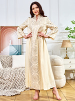 Abaya pour femme de style ethnique musulman, longue, coupe trapèze, col en V, à sequins, manches longues, pour soirée et banquet, motif printanier