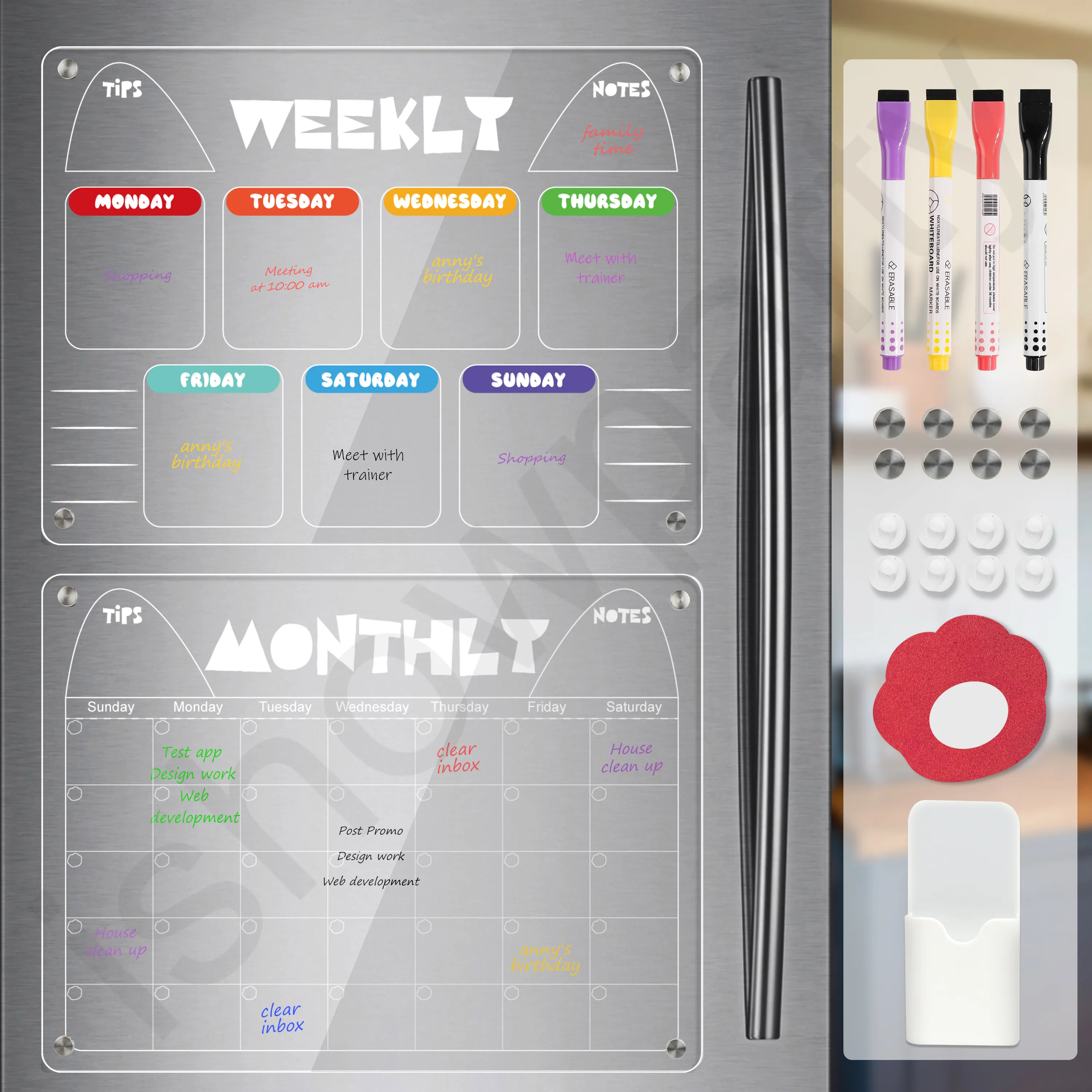 Papan kalender hapus kering perencana bulanan papan akrilik magnetik untuk kulkas