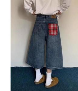 American Retro Summer Jeans-Shorts mit hoher Taille und weitem Bein für Frauen Plaid Patchwork Vielseitige Capri hose Lose lässige Taille - Product Image 6