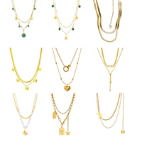 Collier pour femmes en acier inoxydable double couche Chaîne cubaine Collier couches Blade Link Gold Butterfly Heart Moon charms collier