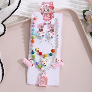 Ensemble de bijoux pour filles et enfants, collier, bracelet, bague, boucles d'oreilles, en plastique, avec des personnages de princesses de dessins animés, nouveau style - Product Image 4