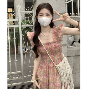 French Style Floral Print Sundress Square Collar <b>Elastic</b> Waist Breathable Casual <b>Dress</b> For Summer 2025 - Product Image 4