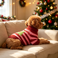 Pull tricoté en acrylique pour animaux de compagnie, motif sapin de Noël, col roulé rayé, chaud pour l'hiver, vêtements pour animaux de compagnie, vente en gros