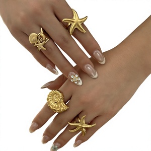 Juego de Anillos de Acero Inoxidable Chapado en Oro de 18K, Anillo Abierto Vintage con Diseño de Concha Marina, Estrella de Mar y Flor para Mujer, Joyería para Fiestas - Product Image 4