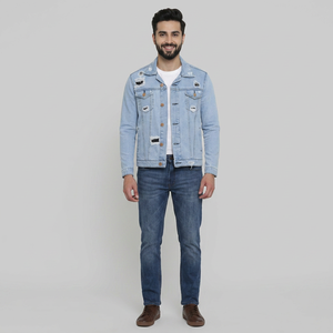High Street hommes Top vente Denim veste 100% coton lavable ajusté déchiré conception Snap col chauffe-mains poches pour l'hiver - Product Image 1