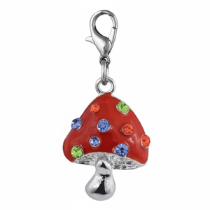 Portachiavi con ciondolo a forma di fungo in cristallo, smalto rosso con strass colorati, chiusura in argento per borse e chiavi - Product Image 2