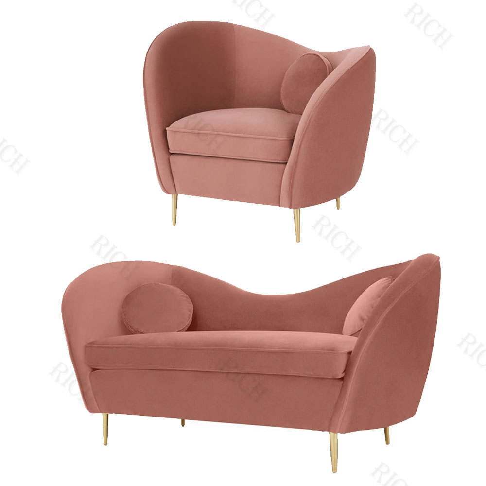 European Single Pink Velvet Fabric Sofa, Living Room Furniture, Gold Stainless Steel Legs, Loveseat