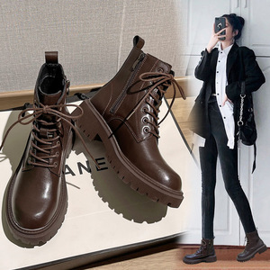 Bottines classiques pour femmes en cuir véritable rétro, imperméables, à semelle épaisse en caoutchouc, rehaussantes, pour le printemps/l'automne/l'hiver, en daim - Product Image 3