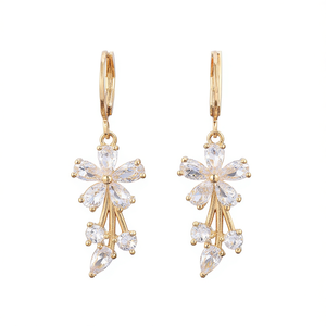 Pendientes colgantes de flor de cristal rosa, joyería romántica chapada en oro para mujer, E465 - Product Image 1