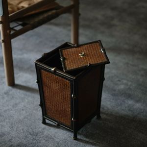 Handmade <b>Black</b> Bamboo Wastebasket Rectangular With Lid Indoor Household Trash Can Anji Origin - Product Image 3