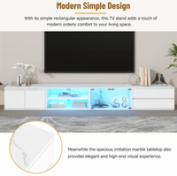 Meuble TV LED avec plateau en faux marbre, console multimédia avec portes en verre trempé, centre de divertissement blanc avec 2 tiroirs et armoires