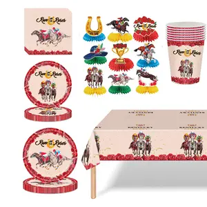 81PCS Rose Run Horse Party Theme Decoration Disposable Paper Plates Napkins Cups Tablecloth Party Suppliers