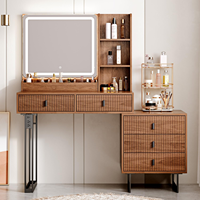 Table de maquillage moderne avec miroir tactile rétractable grand format, éclairage réglable et étagères de rangement