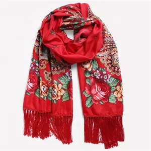 2023 Lady Ethnic floral printing long head wrap babushka cotton Russian pashmina scarf shawls
